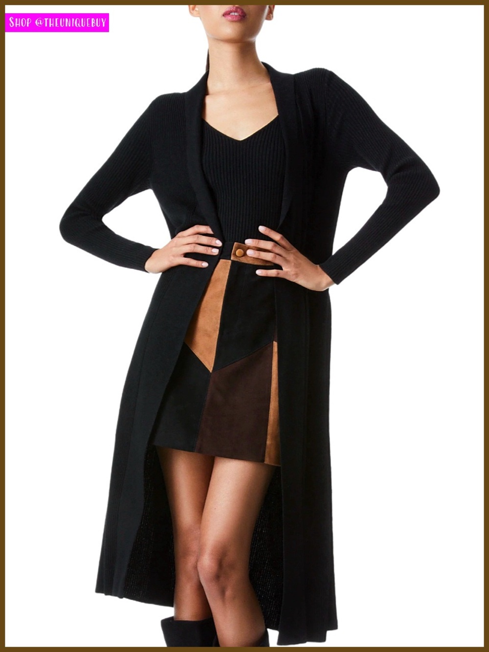 Alice + Olivia Waverly Black Belted Long Sleeve Midi Wool Cardigan Sweater